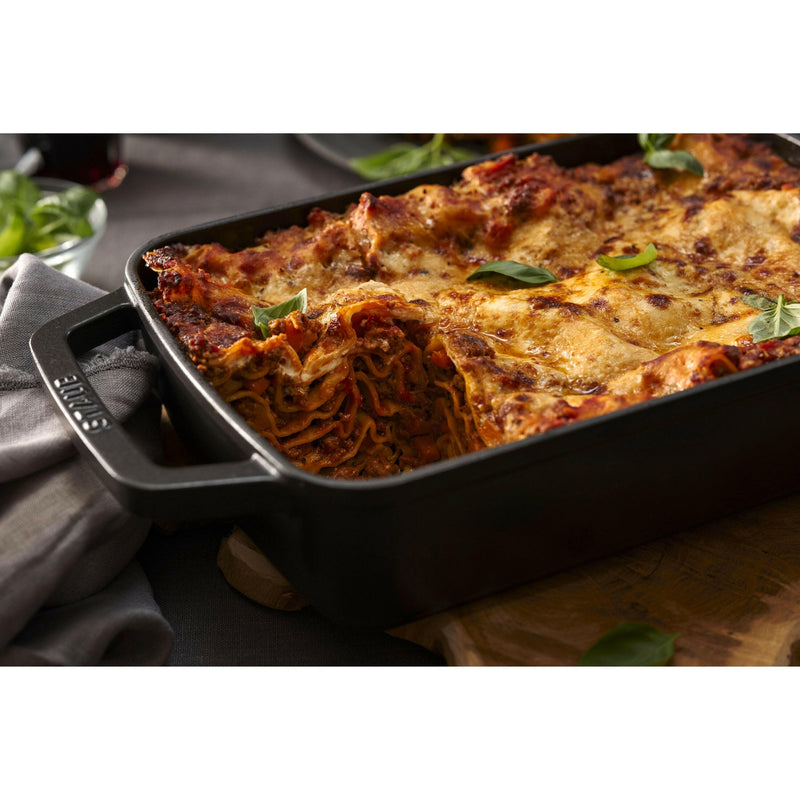 Staub | Cast-Iron Rectangular Roasting Pan - 10 x 15, showcasing durable enameled cast iron suitable for browning, braising, roasting on all heat sources.