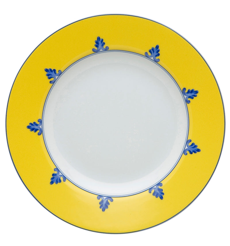 Vista Alegre | Castelo Branco Soup/Pasta Plate with a yellow rim featuring blue leaf motifs and a smooth white center, ideal for enhancing table settings.