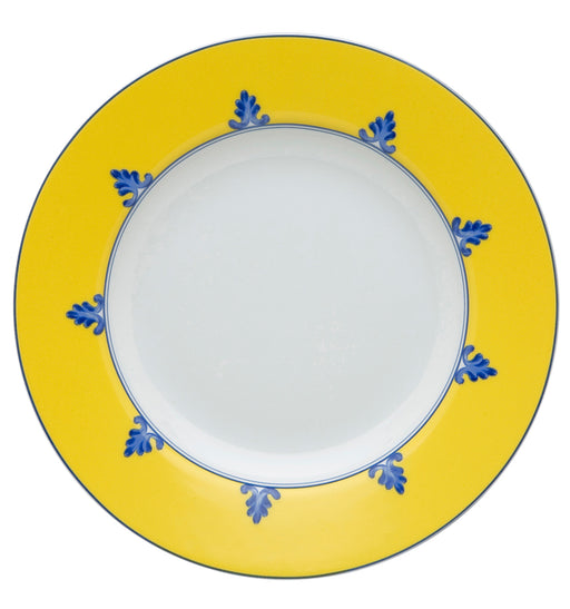 Vista Alegre | Castelo Branco Soup/Pasta Plate with a yellow rim featuring blue leaf motifs and a smooth white center, ideal for enhancing table settings.