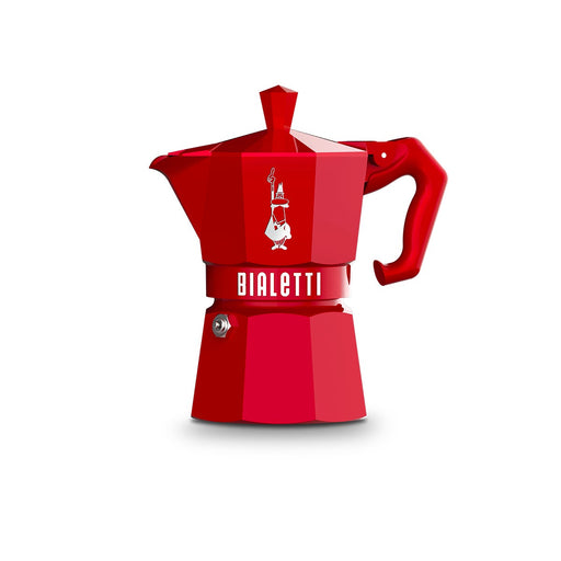 Bialetti | Red Moka Express Exclusive 3 Cup, a vintage-style stovetop espresso maker with an octagonal shape, diamond-shaped knob, and silicone gasket.