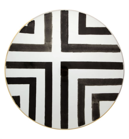 Vista Alegre | Lacroix Sol y Sombra Charger Plate featuring bold black brushstroke pattern and a gold-tone rim, perfect for elegant dining settings.