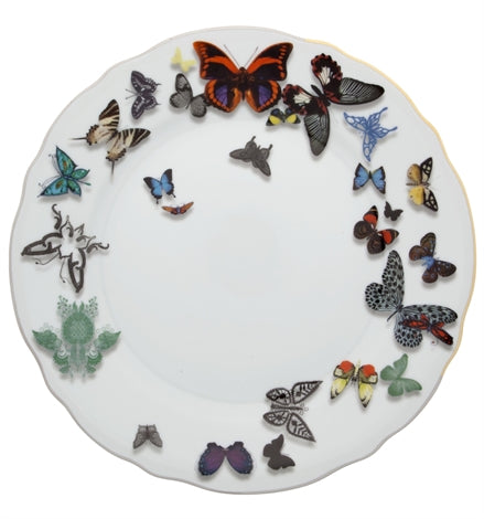 Vista Alegre | Lacroix Butterfly Parade Dinner Plate features a white ceramic plate with scalloped edges, adorned with colorful butterfly illustrations creating three-dimensional effects.