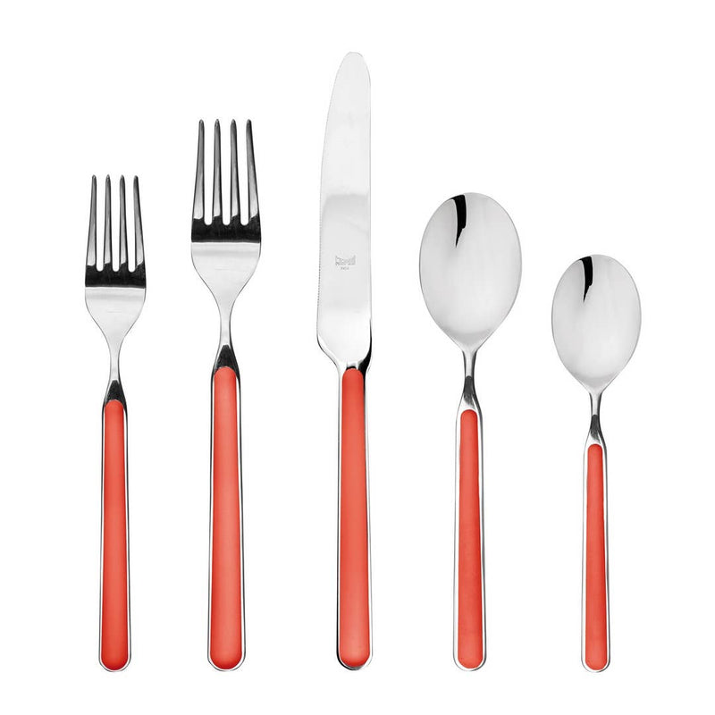 Mepra SPA - 20 PCS SET FANTASIA NEW CORAL silverware with red handles, featuring durable stainless steel and resin construction, including forks, spoons, and knives.