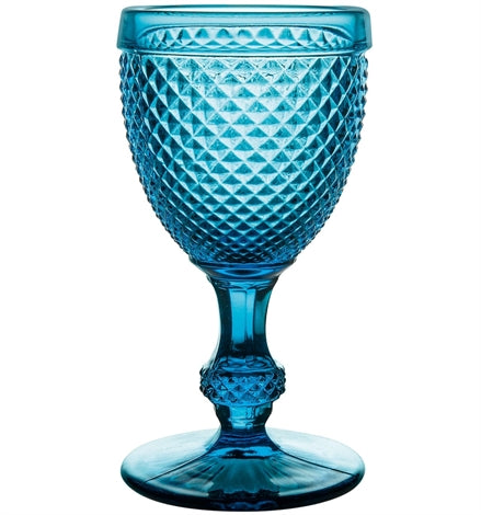 Vista Alegre | Bicos Blue Water Goblets, Set of 4, featuring a vintage-style, diamond-cut texture, ideal for formal settings or display.
