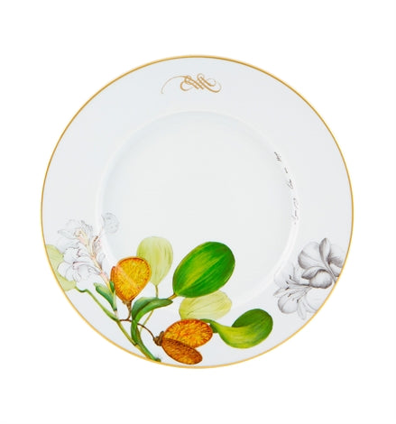 Vista Alegre | Amazonia Dinner Plate features a white porcelain design with gold accents and botanical motifs, inspired by Amazonian flora and Alexandre Rodrigues Ferreira's voyages.