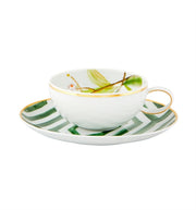 Vista Alegre | Amazonia Tea Cup And Saucer, featuring a botanical motif inside and green-striped rim, inspired by Alexandre Rodrigues Ferreira's exploration of Amazonia.