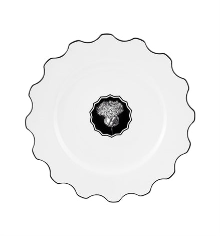 Vista Alegre | Lacroix Herbariae Dinner Plate features a scalloped-edge design with a central thistle motif, inspired by five flowers, embodying elegance for any dining setting.
