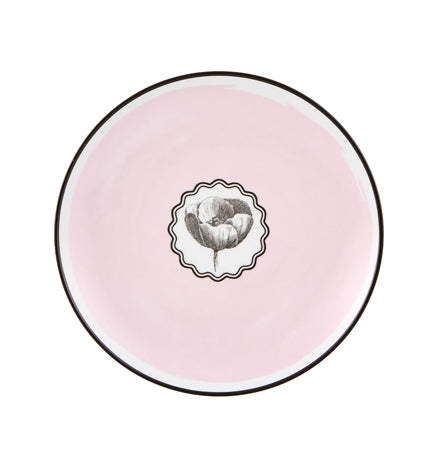 Vista Alegre | Lacroix - Herbariae Dessert Plate Pink features a pastel-pink design with a dark rim and a central poppy illustration, blending modern and vintage styles.