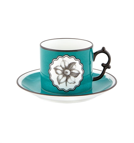 Vista Alegre | Lacroix - Herbariae Tea Cup And Saucer Peacock features a glossy teal finish with black trim and a botanical medallion design.