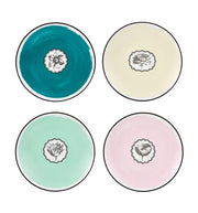 Vista Alegre | Lacroix - Herbariae Set 4 Dessert Plates: four pastel plates with scalloped medallions, each featuring a unique botanical illustration, perfect for elegant dining.