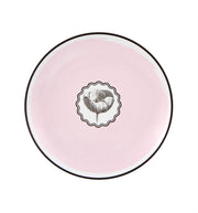 Vista Alegre | Lacroix - Herbariae Set 4 Dessert Plates featuring a pale pink ceramic plate with a black-rimmed poppy illustration medallion at the center.