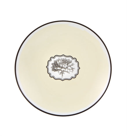 Vista Alegre | Lacroix - Herbariae Set 4 Dessert Plates: Cream-glazed round plates with dark rim, featuring a central botanical illustration inspired by poppy, narcissus, lotus, dahlia, and thistle.