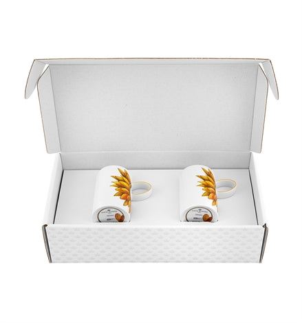 Vista Alegre | Amazonia Set of 2 Espresso Cups and Saucers in a white gift box, featuring sunflower-style graphics inspired by Amazonian flora.