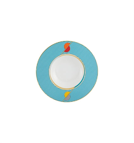 Vista Alegre | Futurismo Soup Plate features a white center with a teal houndstooth rim, gold accents, and red and yellow motifs, embodying modern artistic reinvention.