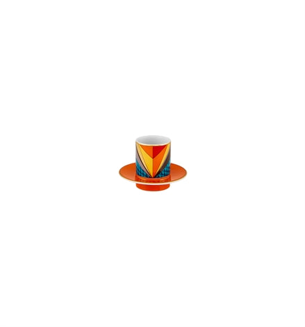 Vista Alegre | Futurismo Espresso Cups And Saucers, Set of 4, featuring bold geometric patterns, embodies modern artistic reinvention, ideal for contemporary kitchen settings.