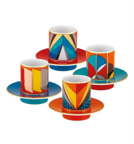 Vista Alegre | Futurismo Espresso Cups And Saucers, Set of 4, featuring bold geometric patterns, celebrating modern design with vibrant motifs on porcelain.