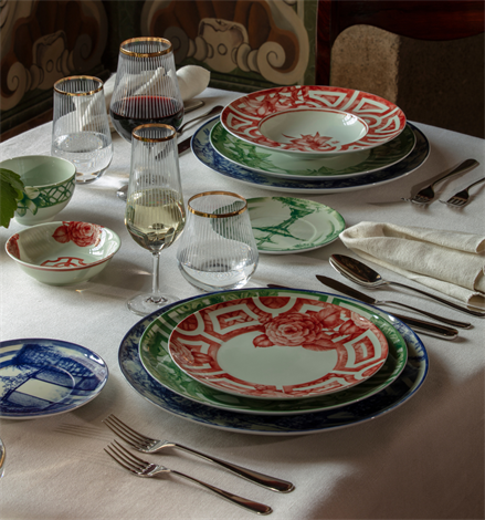 Vista Alegre | The Meaning XL Plate showcased in a formal dining setting with decorative motifs, complemented by elegant glassware and polished silverware, at Athens Cooks.