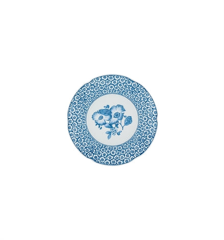 Vista Alegre | Coralina Blue Dessert Plate featuring a blue floral motif with stylized flowers and a geometric blossom rim pattern, ideal for elegant dining settings.