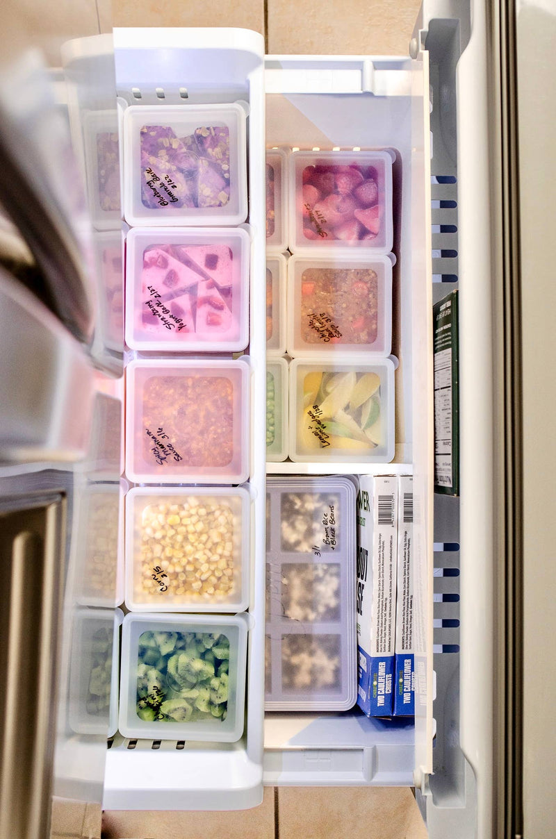 W&P - Freezer Cube Storage Containers: Set of 3 in refrigerator, showcasing stackable design for efficient storage. Ideal for batch cooking and reducing food waste.