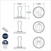 Nordic Ware Halloween Cookie Stamps - Cat: Set of three silver stamps with orange handles, featuring spider, pumpkin, and cat designs for imprinting spooky cookie patterns.