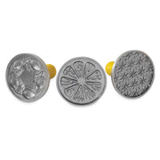 Nordic Ware | Citrus Cookie Stamps, featuring round metal stamps with citrus fruit patterns for imprinting designs on cookies. Ideal for enhancing Key Lime or lemon shortbread cookies.