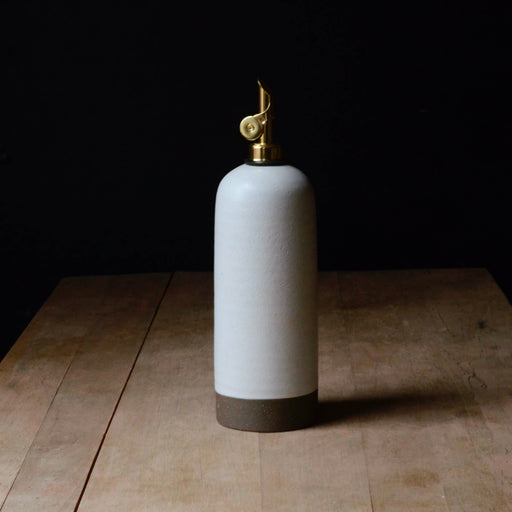 Rose Line Pottery - Oil Bottle - White - 22 Ounces: A handcrafted ceramic vessel with brass nozzle, ideal for oils, made in Maine. Perfect for culinary use.