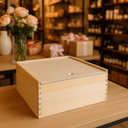 Giften Market - Wooden Gift Box Luxury Pine Keepsake with Lid, 10x10x5, on a boutique table, ideal for elegant gift presentation and lasting storage.