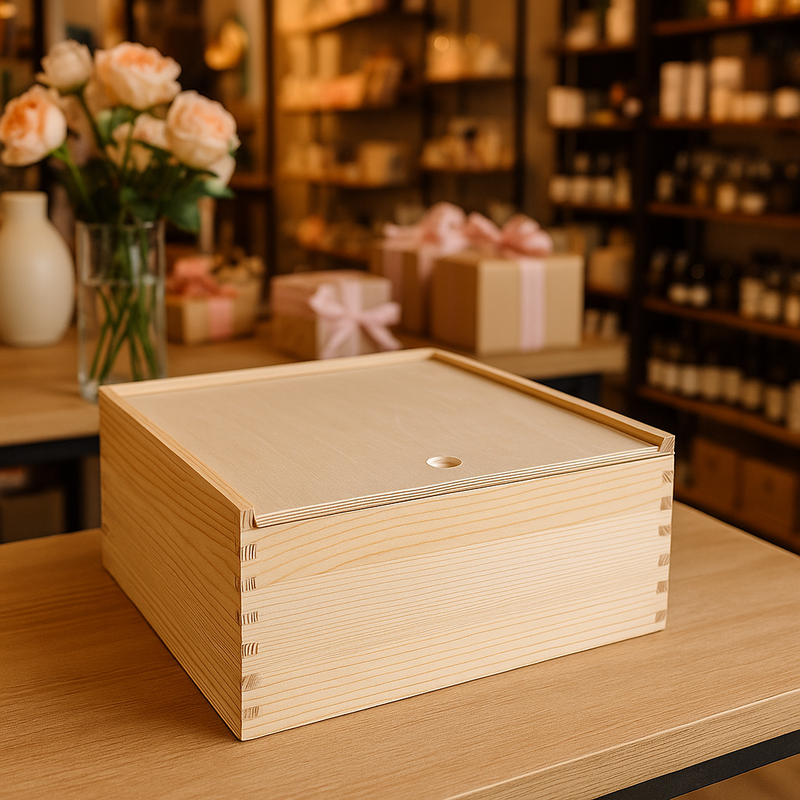 Giften Market - Wooden Gift Box Luxury Pine Keepsake with Lid, 10x10x5, on a boutique table, ideal for elegant gift presentation and lasting storage.