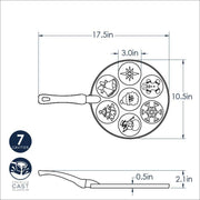 Nordic Ware | Holiday Pancake Pan drawing with measurements, featuring festive shapes like a star and snowman for creating delightful, themed pancakes.