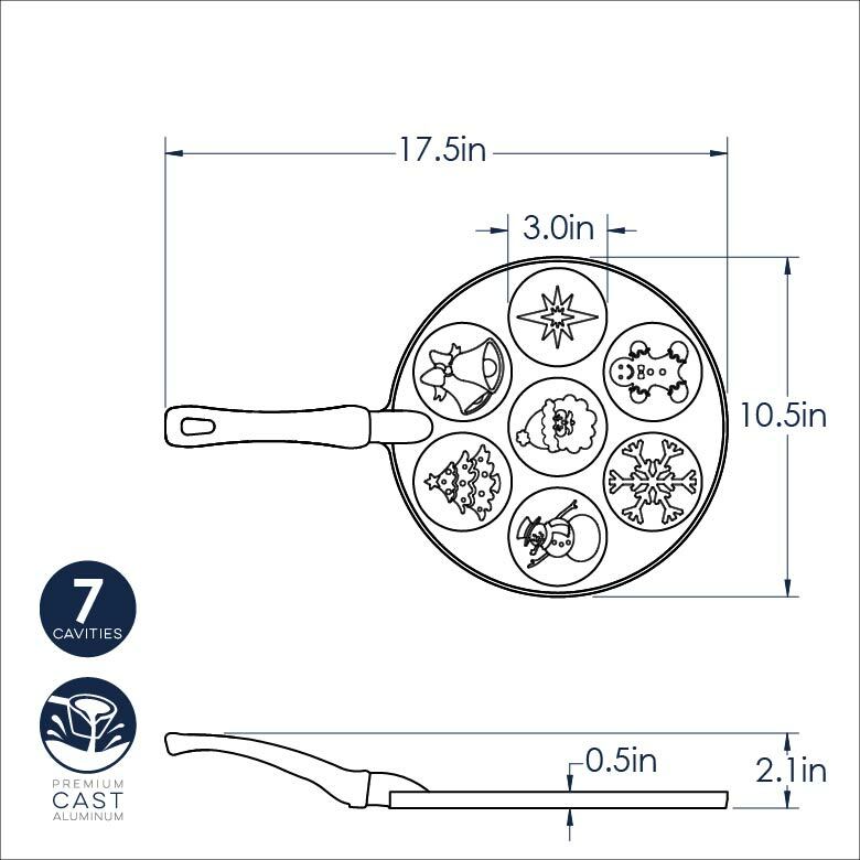 Nordic Ware | Holiday Pancake Pan drawing with measurements, featuring festive shapes like a star and snowman for creating delightful, themed pancakes.