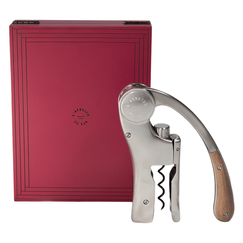 L'Atelier du Vin - USA - Lever Wine Opener - OENO MOTION TRESOR, a stainless-steel corkscrew with wooden handle, beside its elegant engraved presentation box.