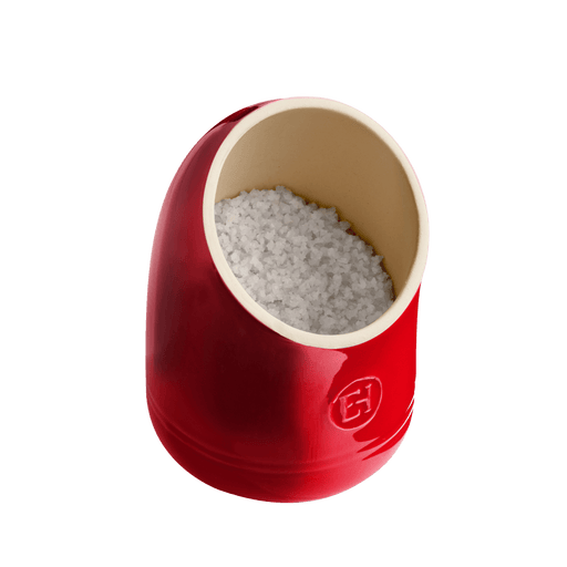 Emile Henry | Burgundy Salt Pig, a glossy ceramic salt-cellar, partially filled with coarse white salt crystals, designed for moisture control and easy access.