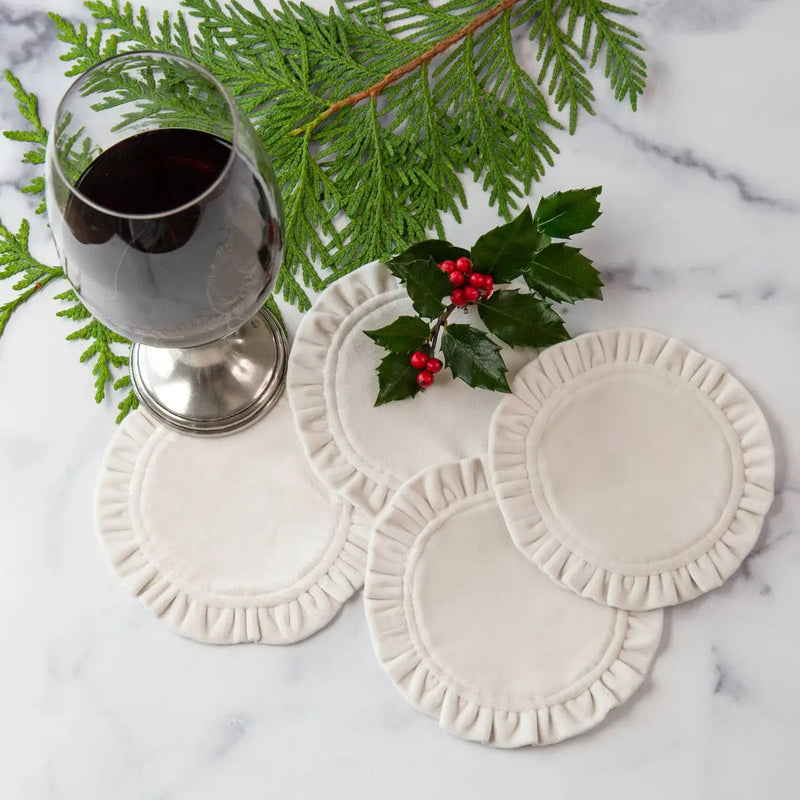 Arte Italica & Crown Linen Designs | Round Ruffle Coaster Set (4), Velvet Red