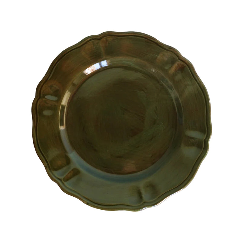 La Gabbianella | LUCCA, Dinner Plate, Olive Green: Handmade Italian ceramic plate with scalloped edges, microwave and dishwasher safe, crafted from red clay.