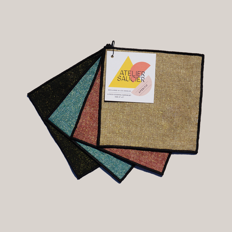 ATELIER SAUCIER - Luxxe Cocktail Napkins | Set of 4: Elegant, glittered napkins in diverse rich hues, perfect for enhancing any cocktail experience. Made from premium reclaimed fabric.