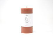 Mo&Co Home - 100% Beeswax Pillar Candles | Terra Cotta: 3x4 Inch, featuring a brown candle with a white label, eco-conscious, and hand-poured.