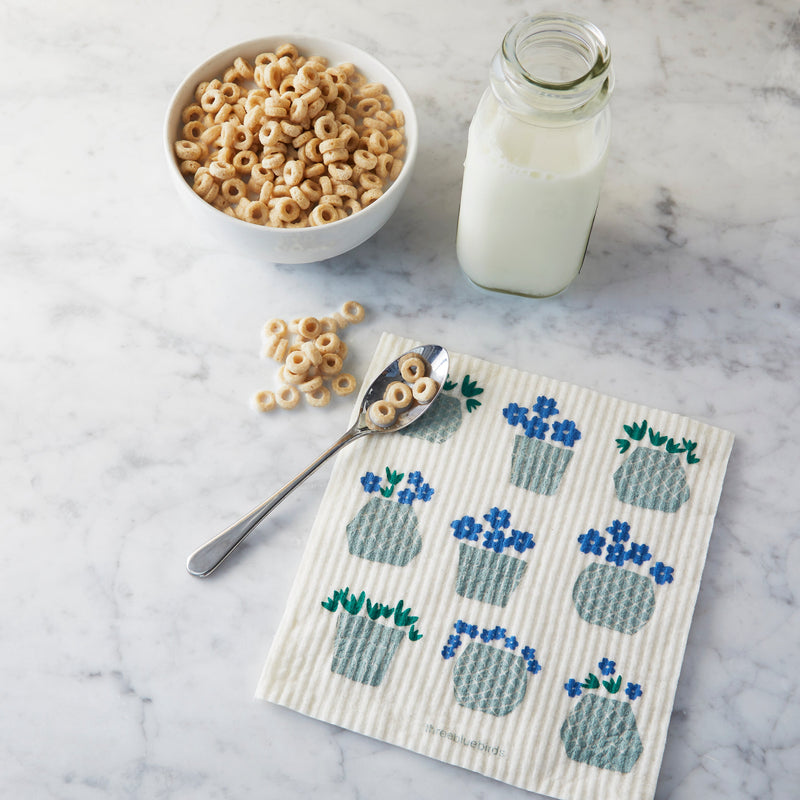 Three Bluebirds Swedish Dishcloths | White Sunflowers on Graphite Swedish Dishcloth