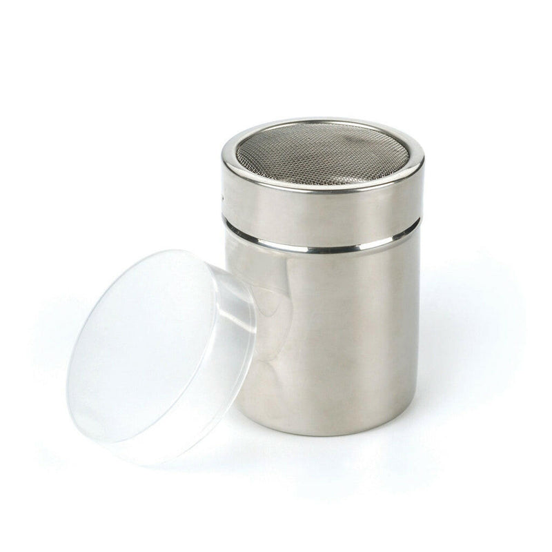 Shaker - Fine Mesh: A compact silver metal cylinder with a tightly fitting plastic lid, ideal for dusting spices or powdered sugar in small kitchens.