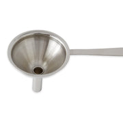 RSVP | Mini Funnel - Set of 3, featuring silver stainless steel funnels with long handles, ideal for precise transfers in any kitchen setting.
