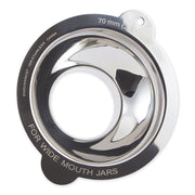 RSVP | Wide Mouth Canning Funnel, silver metal with non-slip handles, designed for easy food transfer into jars, essential for canning projects.