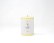 Mo&Co Home - 100% Beeswax Pillar Candle, Natural White, 3x4 Inch, featuring a white label, ideal for eco-friendly home decor and celebrations.