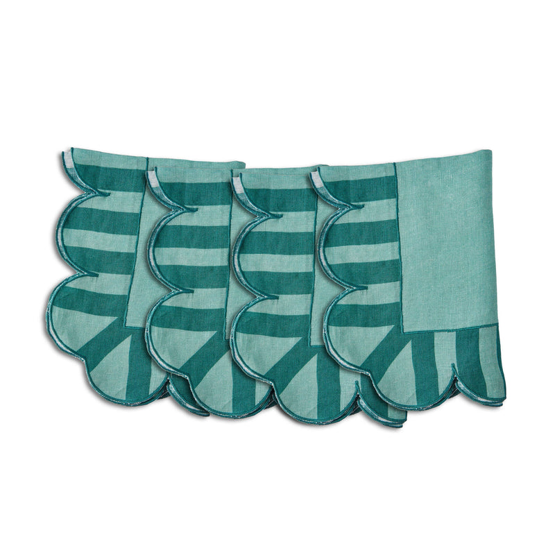 Misette | Jardin Embroidered Linen Scalloped Stripe Napkins, Green, Set of 4