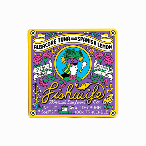 Fishwife - Albacore Tuna with Spanish Lemon packaging featuring a stylized woman, sustainable sourcing banners, and artisanal details, emphasizing Spanish olive oil and lemon flavor.