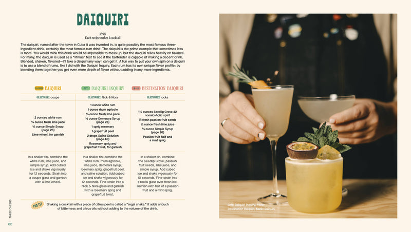 Three Cheers cocktail book spread with Daiquiri history, three recipes, shaker tips, and photo of finished cocktails, showcasing variations for diverse tastes.