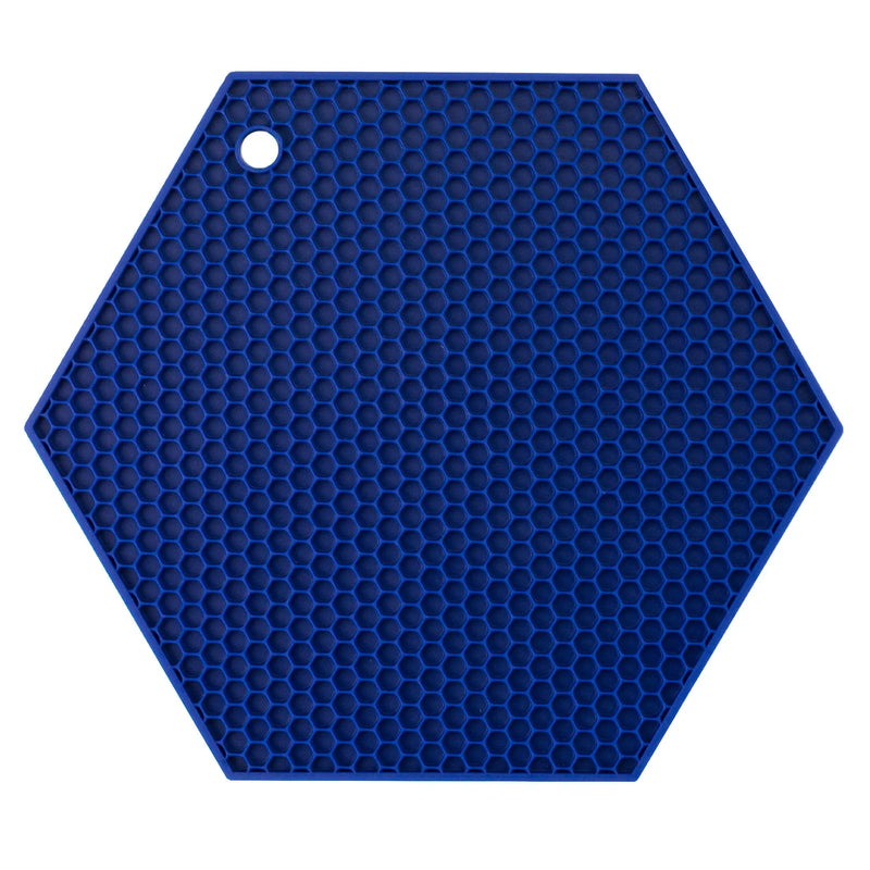HotSpot | Honeycomb Silicone Trivet and Potholder, Navy, featuring a hexagon shape with a honeycomb grid for grip and a hanging hole.