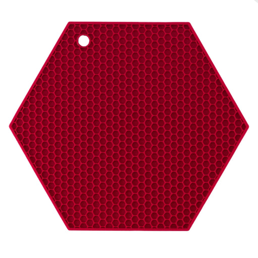 HotSpot | Honeycomb Silicone Trivet and Potholder in red, hexagon shape, features a honeycomb pattern for grip and a hanging hole for kitchen convenience.