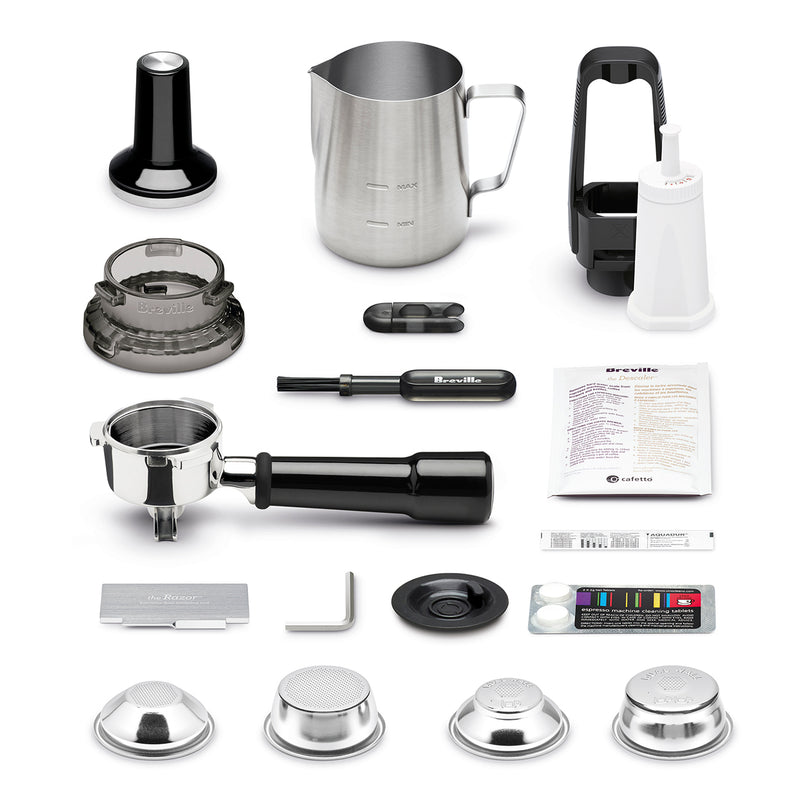 Breville | Barista Touch accessory kit including tamper, milk pitcher, cleaning tools, dosing funnel, portafilter, descaler, and filter baskets for comprehensive espresso machine maintenance.