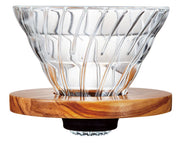 HARIO USA - HARIO V60 Glass Dripper 02: Olive Wood holder, clear glass cone for pour-over coffee, enhancing brewing with elegant wooden stand.