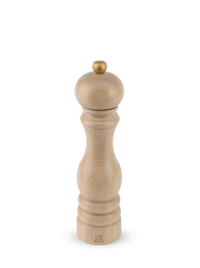 Peugeot | Paris Classic Salt Mill, Natural Wood, 9 inches, features a turned-wood design with a brass knob and iconic lion logo, embodying Peugeot’s superior craftsmanship.