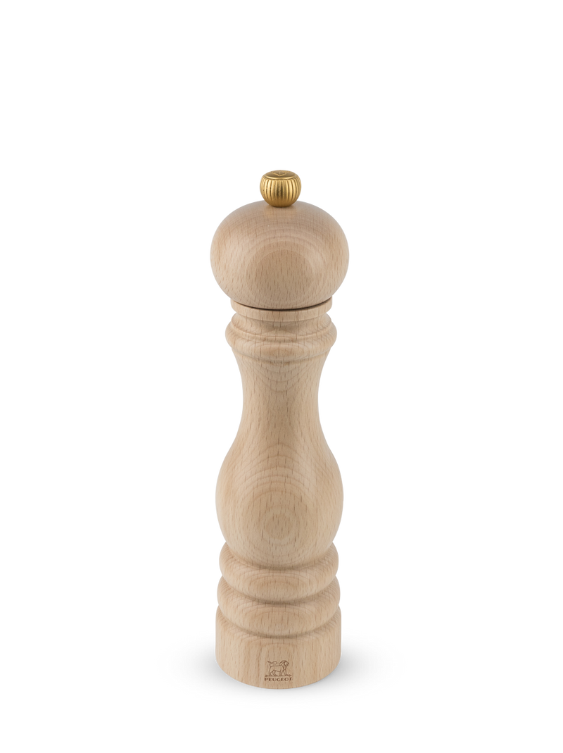 Peugeot | Paris Classic Salt Mill, Natural Wood, 9 inches, features a turned-wood design with a brass knob and iconic lion logo, embodying Peugeot’s superior craftsmanship.